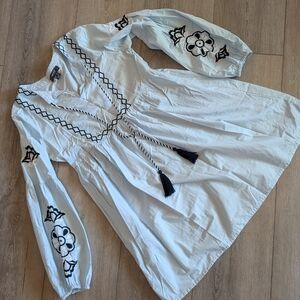 Pale blue cotton mini boho embroidered long puff sleeve dress size S/M